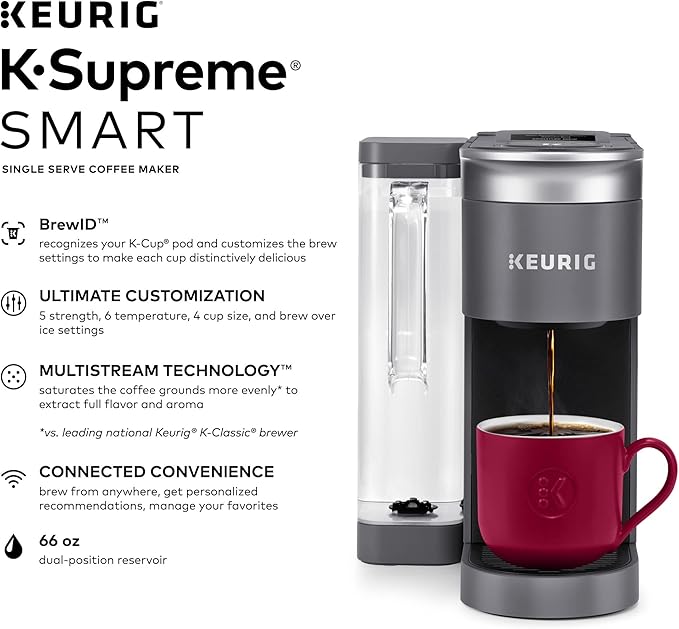 Keurig K-Elite Single-Serve K-Cup Pod Coffee Maker Brushed Silver &amp K-Supreme SMART Coffee Maker MultiStream Technology Brews 6-12oz Cup Sizes Gray