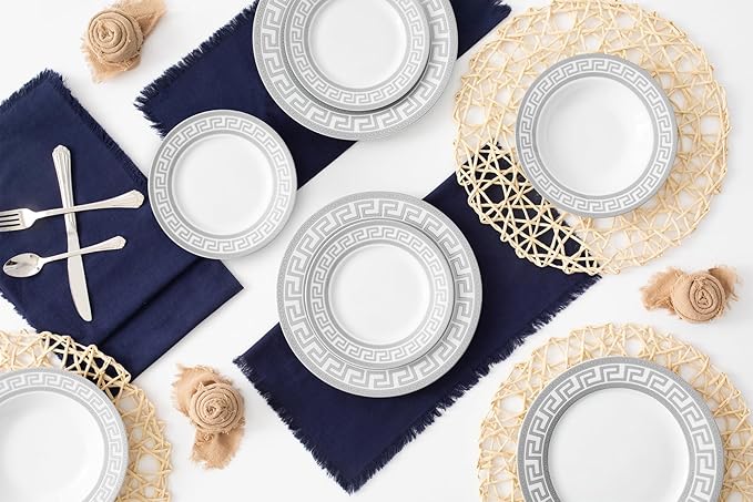 Porcelain 12 Piece Dinnerware Set - Service for 4 - Gorgeous Silver Greek Key Inspired Design - Includes Kitchen Plates Ceramic Dishes Set for 4 (Meander Silver)