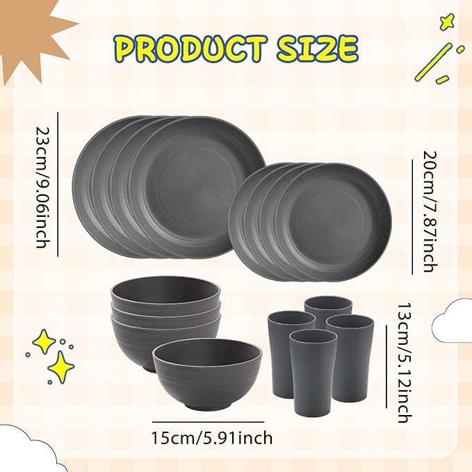 16Pcs Dinnerware Sets Dessert Plates Unbreakable Dishes for Camping RV Hotel Household Gray