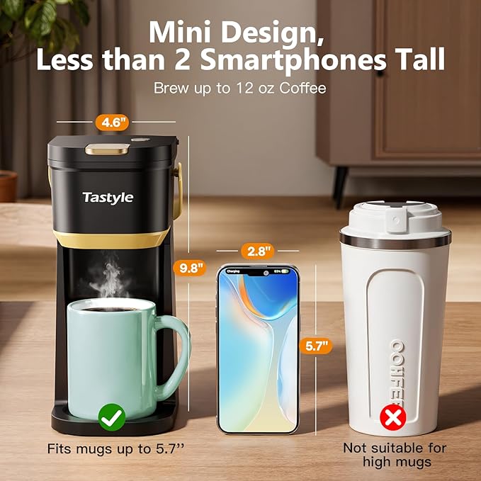Single Serve One Cup Coffee Maker for K Cups and Grounds Mini Coffee Maker with Portable Handle 6 to 12 Oz Brew Size for Travel Camping Office RV and Dorm 120V Black and Gold