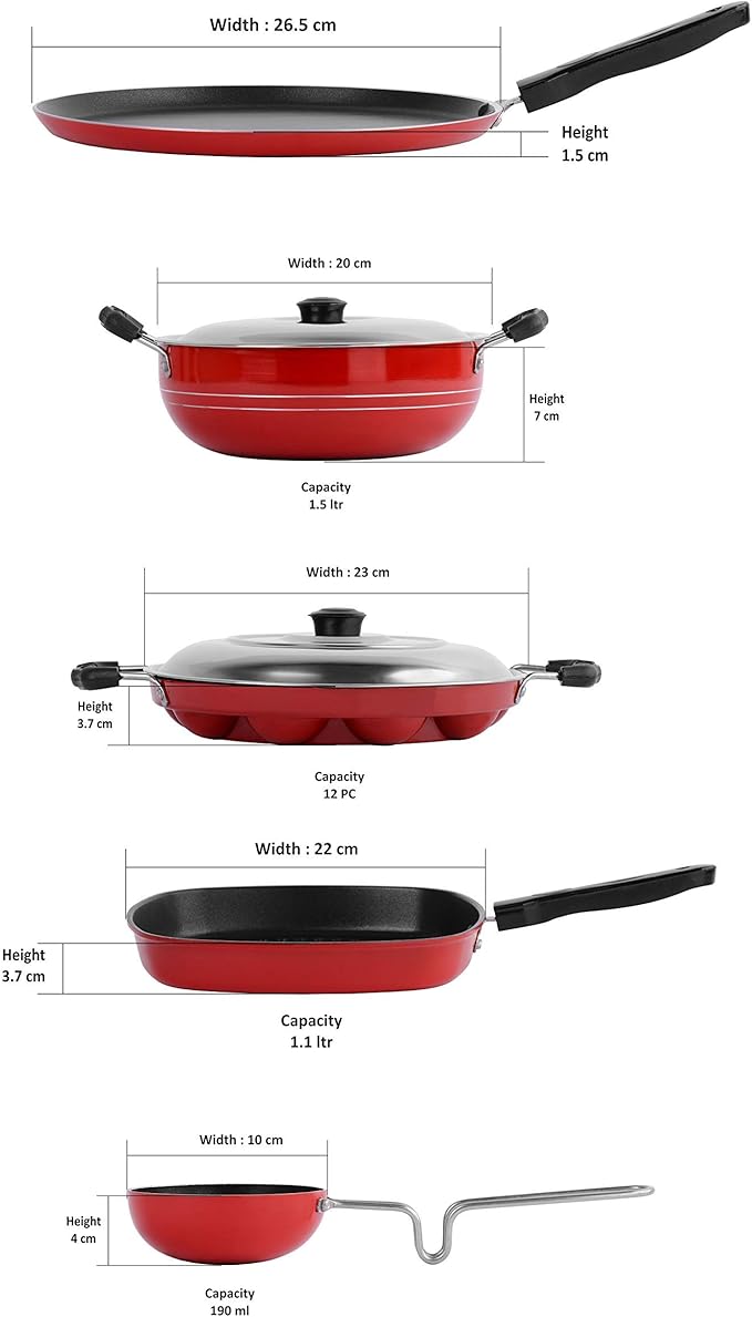 Sumeet 2.6mm Thick Non-Stick Jolet Cookware set (Dosa Tawa – 26.5cm Dia + Kadhai With Lid – 1.5Ltr capacity + Grill Appam Patra With Lid – 23cm Dia + Grill Pan – 1.1Ltr + Tadka Pan – 10cm Dia)