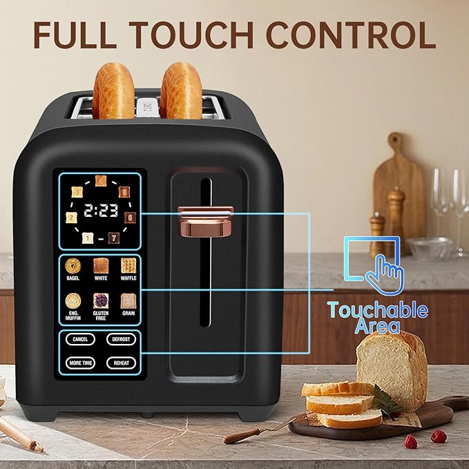 SEEDEEM Toaster 2 Slice Touch Control Stainless Toaster LCD Display 50% Faster Heating Speed 1.4'' Wide Slots More Timer Functions Removable Crumb Tray 1350W Dark Chocolate