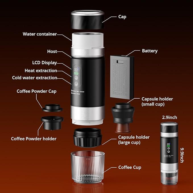 Portable Espresso Maker Travel Coffee Maker for camping Portable Espresso Machine with USB-C 3-in-1 Small Espresso Machine with Ground Coffee &amp Capsules (NS＆DG) for RV Hiking (Obsidian Black)