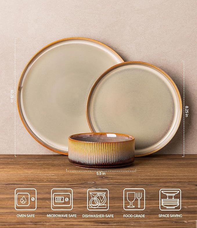 TheTerra Ceramic Dinnerware Sets for 4 12 Pieces Porcelain Lightweight Plates and Bowls Sets Scratch Resistant Dish Set Oven &amp Microwave &amp Dishwasher Safe Creamy Amber