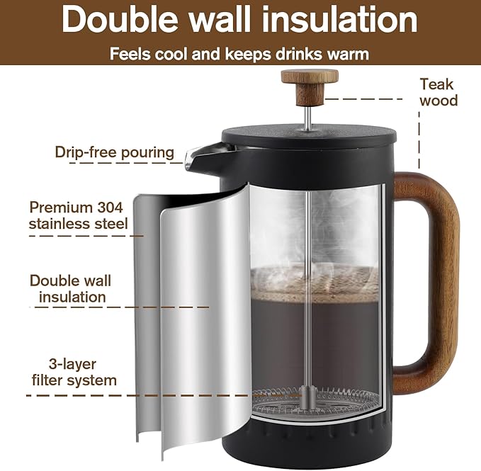 Rorence 34oz French Press Coffee Maker Coffee Press with Real Wood Handle &amp Plunger Head Double Wall Insulation &amp Dual-Filter Screen incl. replaced filters &amp instructions Black