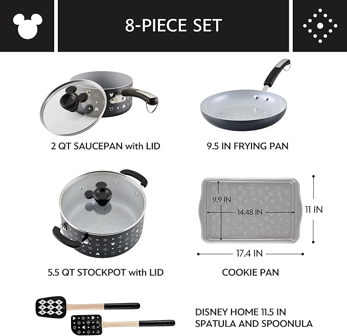 Farberware Disney Monochrome Ceramic Nonstick Cookware Pots and Pans with Baking/Bakeware Cookie Pan and Kitchen Cooking Tool Set Dishwasher Safe 8 Piece Cookware Set - Black