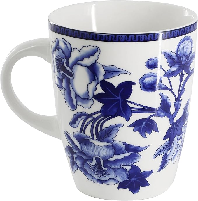 Elama Cattleya Orchid Design 16 Piece Round Porcelain Dinnerware Set in Blue and White Tableware Set Service for 4
