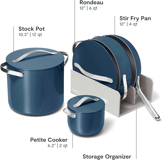 Caraway Cookware+ Collection - Specialty Cookware Set - Petite Cooker Stir Fry Pan Rondeau &amp Stock Pot - 3 Lids &amp Storage Organizer Included - Navy
