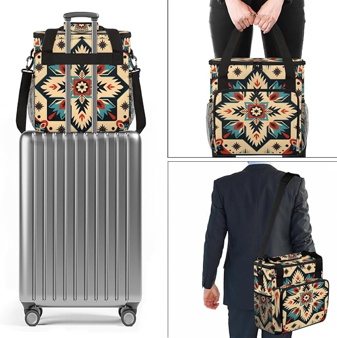 Retro Aztec Coffee Maker Carrying Bag Geometry Flower Travel Storage Bag Compatible with K-Mini or K-Mini Plus Single Serve Coffee Brewer Carrying Case with Multiple Pockets &amp Shoulder Strap