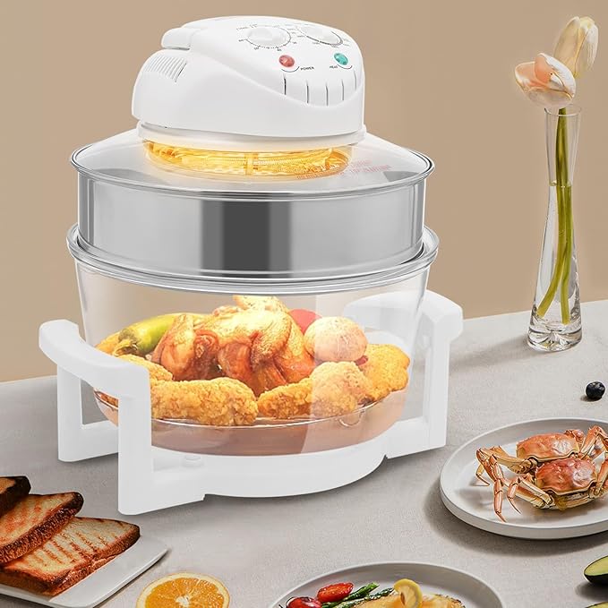 17L/17.96Qt Turbo Electric Glass Air Fryer w/ 2 Grill Electric Turbo Convection Oven Roaste 360° Viewable Airy Fryer with Expansion Ring Multifunction Oilless Halogen Oven