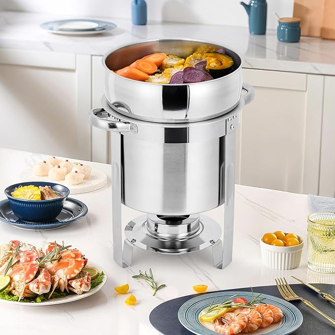 11QT 4-Piece Stockpot Set Stainless Steel Round Stockpot with Pot Grooved Lid and Fuel Rack Commercial Food Warmer for Buffets Events and Party Serving