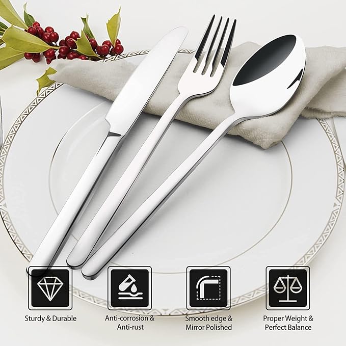 KINGSTONE Bone China Dinnerware Set for 8 with 40 Piece Silverware Set for 8 Dishwasher Safe Tableware for Daily Use with Elegant Design