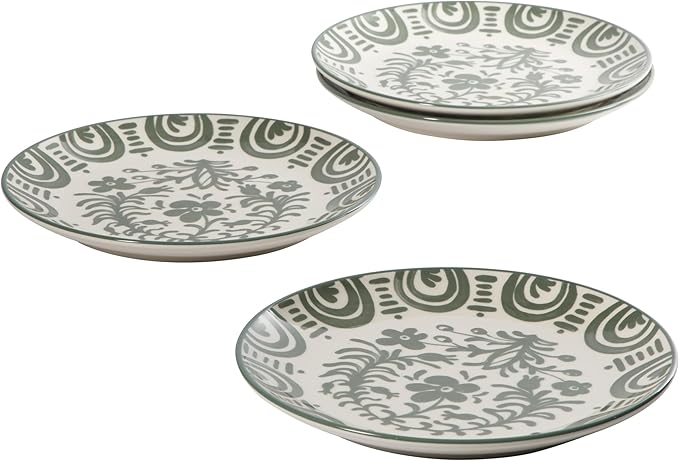 Bloomhouse - 2-Time Oprah’s Favorite Things - Valencia Flor 4 Piece Dessert &amp Salad Plate Set 8.75” Stoneware Plates Mediterranean Floral Decal Design Microwave &amp Dishwasher Safe Fern Gree