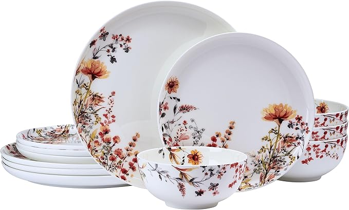 Mikasa Wildflower Bliss 12 Piece Floral Bone China Durable Chip Resistant Lightweight Dinnerware Set Service for 4