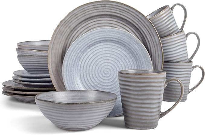 Elanze Designs Charming Chic Ribbed Modern Thrown Pottery Look Ceramic Stoneware Plate Platter Mug &amp Bowl Kitchen Dish Dinnerware 16 Piece Set - Service for 4 Slate Grey