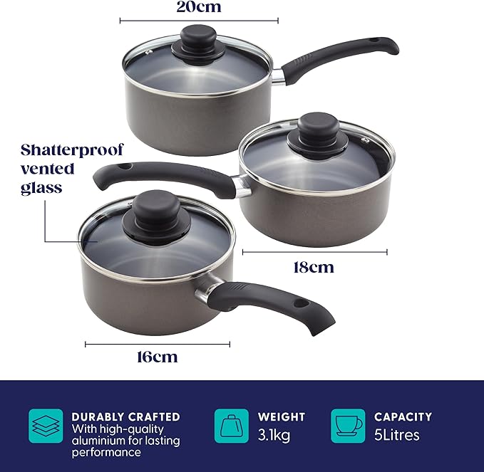 Judge Everyday 3 Piece Cookware Set Non Stick Pot Set 3-Pieces 16cm 18cm 20cm Saucepans Aluminium Pots with Heat Resistant Handles Not Suitable for Induction Hobs Compatible with All Other Hobs
