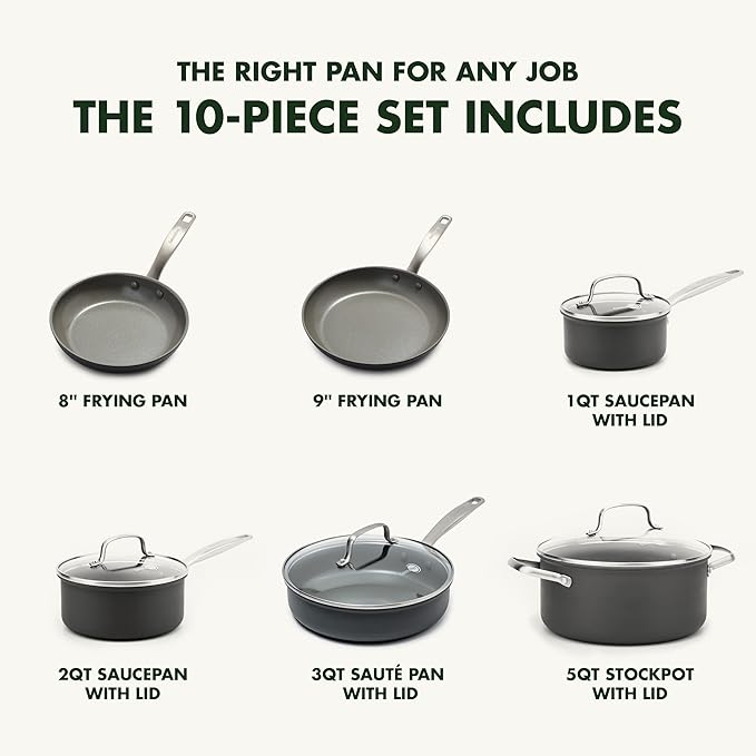 GreenPan Chatham Hard Anodized Healthy Ceramic Nonstick 10 Piece Cookware Pots and Pans Set Frying Pan Skillets Saucepans Saute Pan Stockpot Lids PFAS-Free Dishwasher &amp Oven Safe Gray