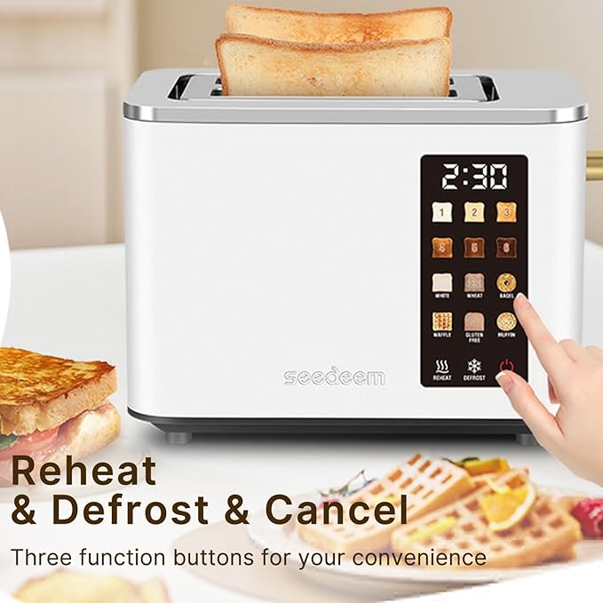 2-Slice Toaster with Touch Control 6 Shade Settings &amp 6 Bread Type 900W Removable Crumb Tray Countdown Display Smart Stainless Steel Design White