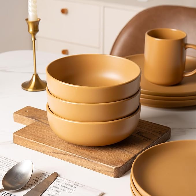 12-Piece Stoneware Dinnerware Set with Mugs | Microwave and Dishwasher Friendly | Stackable Matte Glaze Plates &amp Bowls | Service for 3 (Orange for 3)