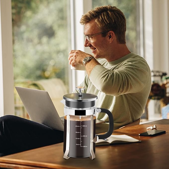 French Press Coffee Maker34oz 304 Stainless Steel with 2 Filter Heat Resistant Durable Easy to Clean Borosilicate Glass Press BPA Free Glass TeaPot-34 Ounce 1 Liter (Chrome)