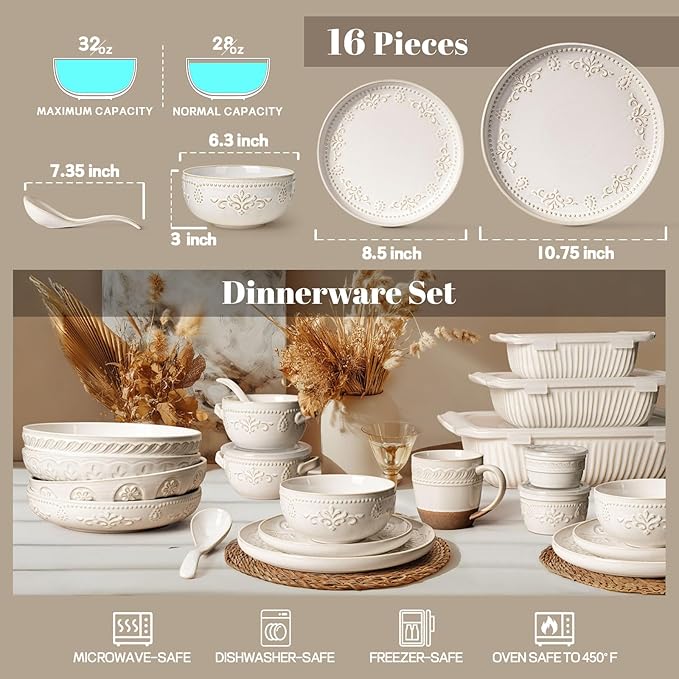 Artena Plates And Bowls Sets 16 Pieces Dinnerware Sets Dish Set For 4 Ceramic Kitchen Bowl And Plate Set Embossed White Dishware Sets Dishwasher &amp Microwave Safe (Damask Floral)