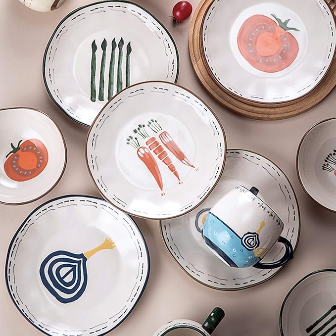 Ceramics Dinner Sets 20 Pieces Hand Drawn Vegetable Pattern Porcelain Dinnerware Set | Mug Cereal Bowl and Steak Plate for Special Restaurant