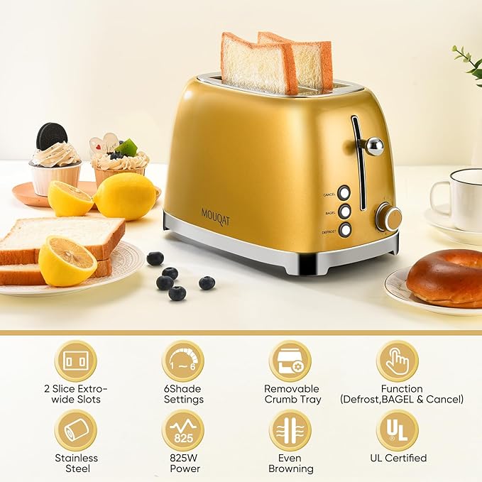 Gold 2 Slice Toaster Wide Slot Stainless Steel 6 Shade Settings Bagel Defrost &amp Cancel Functions Removable Crumb Tray Different Toast Sizes Cord Wrap 825w