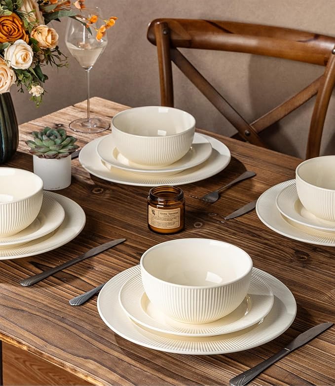 TheTerra Stoneware Dinnerware Sets for 4 12 Pieces Ceramic Plates and Bowls Sets Scratch Resistant Embossed Dish Set Oven Microwave &amp Dishwasher Safe Beige