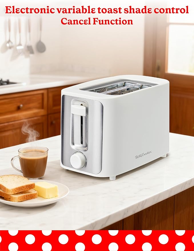 Betty Crocker 2-Slice Toaster 900W Variable Toast Shade Control High Lift Feature Cool Touch Housing Bread Centering Guides Drop Down Crumb Tray BC-5632W White