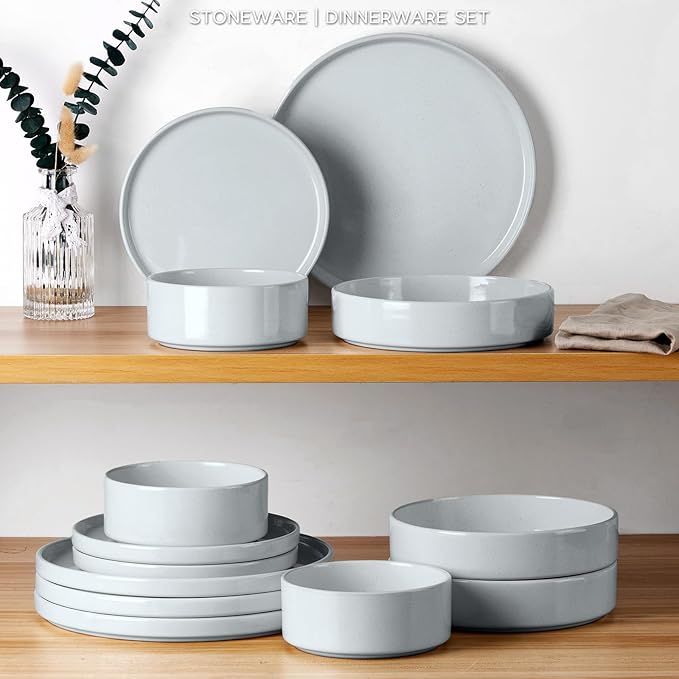 Onader Dinnerware sets 24 Piece Plates and Bowls Stoneware Kitchen Dinner Dish Set for 6 Ceramic Speckled Dinnerware with Pasta Bowl - Slate Gray