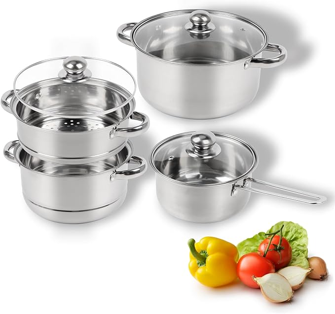 Pots and Pans Set Stainless Steel Cookware Set 7 Piece Induction Ready Kitchen Cooking Set Includes Saucepans Stockpot Steamer &amp Strainer Basket Glass Lids Dishwasher &amp Oven Safe 500F