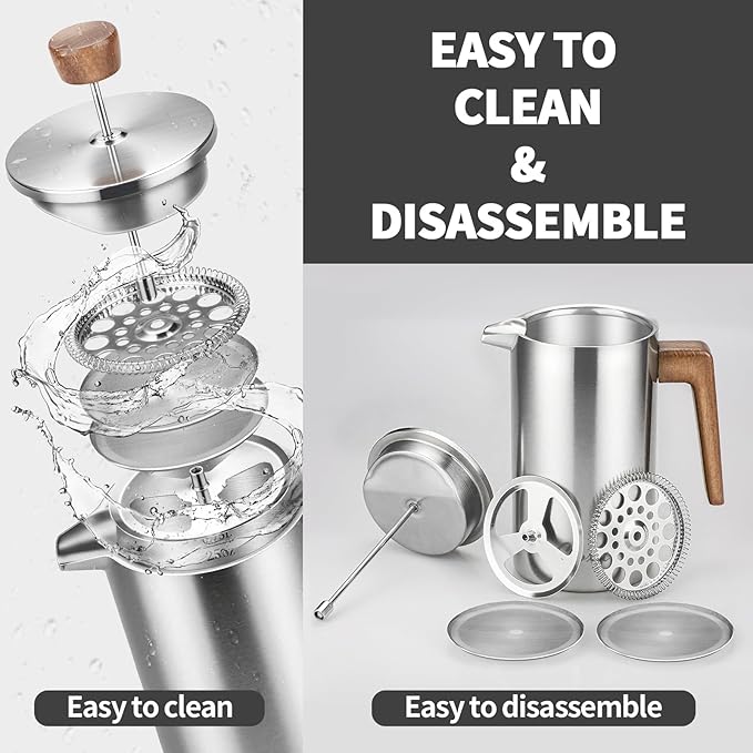 French Press Coffee Maker 34oz Stainless Steel Coffee Press Real Wood Handle Double Wall Insulated French Coffee Press with Dual-Filter Screen Perfect for Camping &amp Kitchen Use