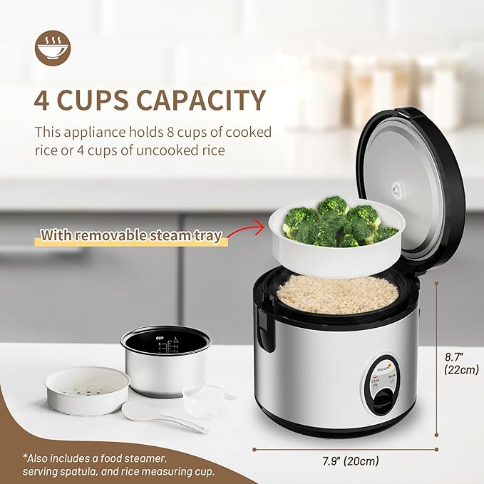 Stainless Steel Rice Cooker with Steamer 4-Cup Uncooked (1.0L)/8-Cup Cooked Electric Grain &amp Vegetable Cooker Auto Keep Warm for Oatmeal Soups &amp Multicooking