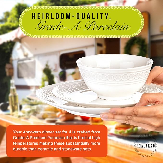 Annovero Plates and Bowls Sets - Dishes Set for 4 - Microwave Safe - 12 Piece Porcelain Dinnerware for Kitchen - Includes 4 Dinner &amp 4 Appetizer Plates 4 Cereal Bowls - Zero Lead &amp Cadmium