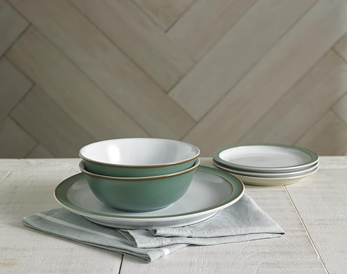 Denby - Regency Green Dinner Plates Set of 4 - Dishwasher Microwave Safe Crockery 26.5cm - Green White Ceramic Stoneware Tableware - Chip &amp Crack Resistant Large Plates
