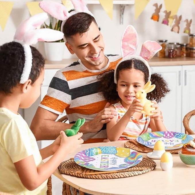 Happy Easter Party Supplies Kit Disposable Dinnerware Includes Paper Dinner Plates Dessert Plates Napkins for Easter party Decorations Serve 50
