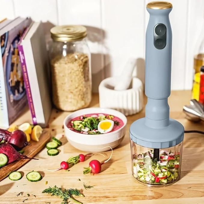 Cordless Hand Blender with 2-Cup Chopper Whisk &amp Large Measuring Cup Perfect for Cooking Smoothies Sauces Purees and Meal Prep (Cornflower Blue)