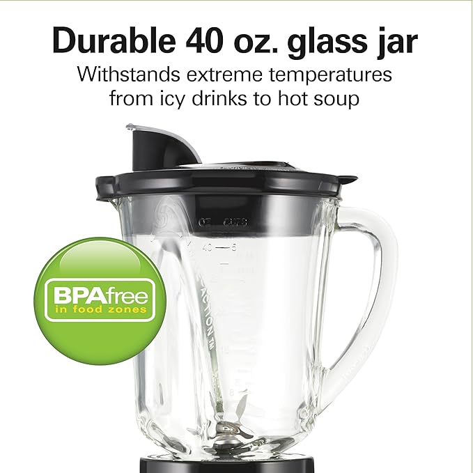 Hamilton Beach Wave Action Blender for Smoothies Stainless Steel Ice Sabre Blades 40oz Glass Jar 20oz Blend-In Portable Travel Jar 800 Watts Quiet Design Gray (58181)