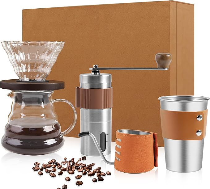 LHS Pour Over Coffee Maker Set - All in One Pour Over Coffee Kit Travel Pour Over Coffee Dripper Manual Coffee Maker Set Grinder Brewer Dripper and Cup Set Anniversary Birthday Gift Sets