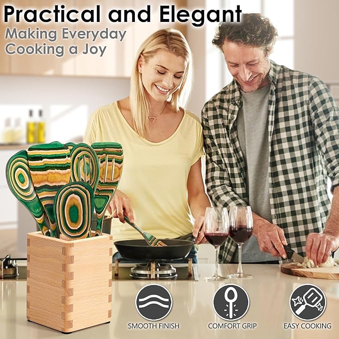 Wooden Spoons for Cooking Pakkawood Kitchen Utensil Set Oasis Color Premium Durable Wooden Utensils for Nonstick Cookware Heat Resistant Smooth Finish Comfortable Grip 7 Piece