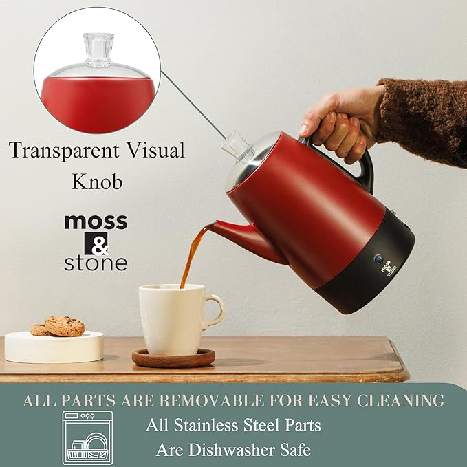 Moss &amp Stone Electric Coffee Percolator Red Body with Stainless Steel Lid Coffee Maker Percolator Electric Pot Red Camping Coffee Pot 10 Cups Bundle With Set of 4 Double Wall Glass Cup Clear Mu