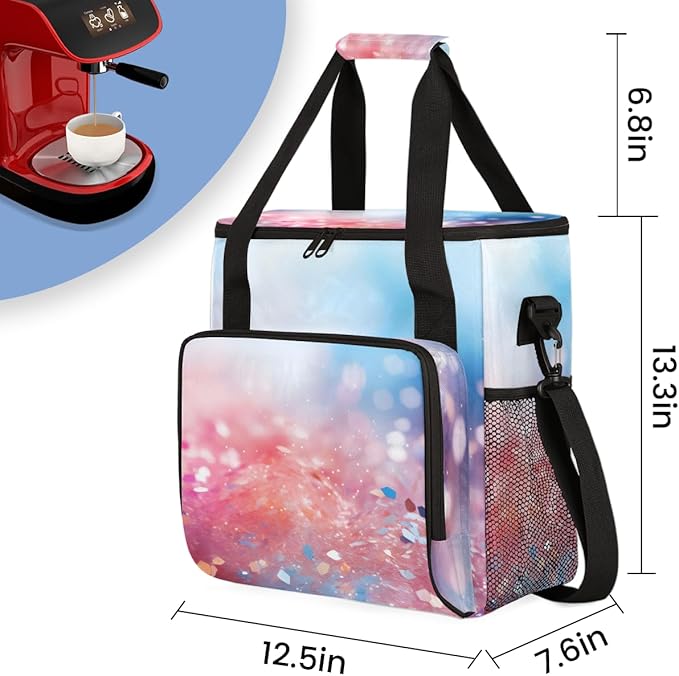 Glitter Flower Coffee Maker Carrying Bag Portable Travel Storage Tote Bag Compatible with K-Mini or K-Mini Plus Single Serve Coffee Brewer Carrying Case with Multiple Pockets &amp Shoulder Strap
