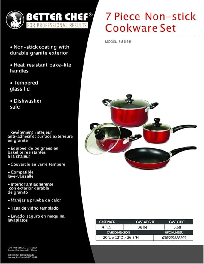 Nonstick Cookware Set 7 PiecesGranite Metallic-Red Exterior Dishwasher Safe Includes Sauce Pots Dutch Oven Fry Pan Metallic Red