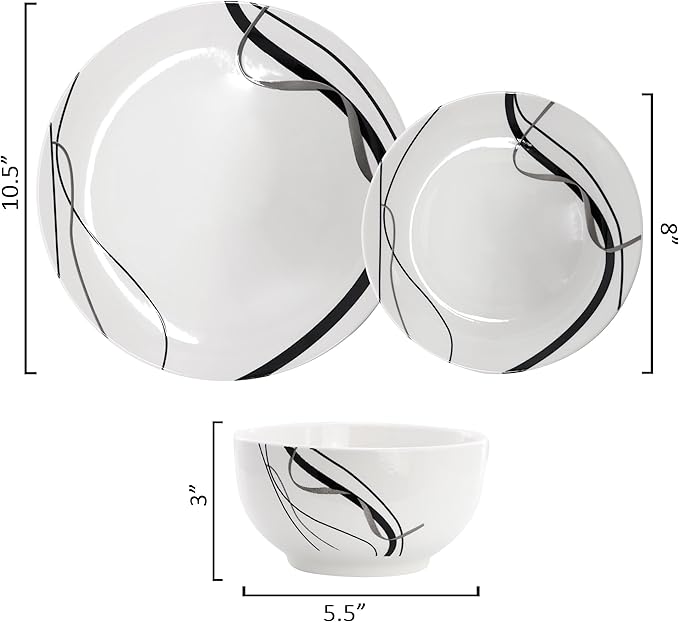 Elama Sarah 12 Piece Porcelain Black Ribbon Dinnerware Set Service for 4 in White and Black