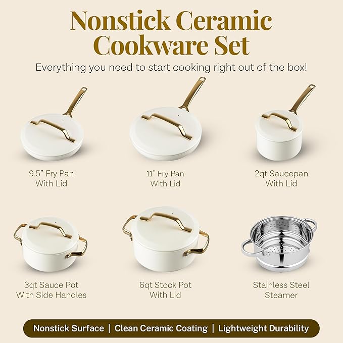 Gotham Steel Modern 11 Pc Ceramic Cookware Set Elegantly Designed Pots and Pans Set Non Stick with Steamer Induction Bottom Premium Stay Cool Handles Non Toxic PFOA Free Oven &amp Dishwasher Saf