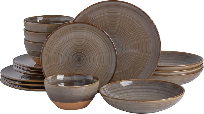 Gibson Elite 16 Piece Dreamweaver Double Bowl Terracotta Reactive Dinnerware Set - Earthy Brown Service for 4 (16pcs)