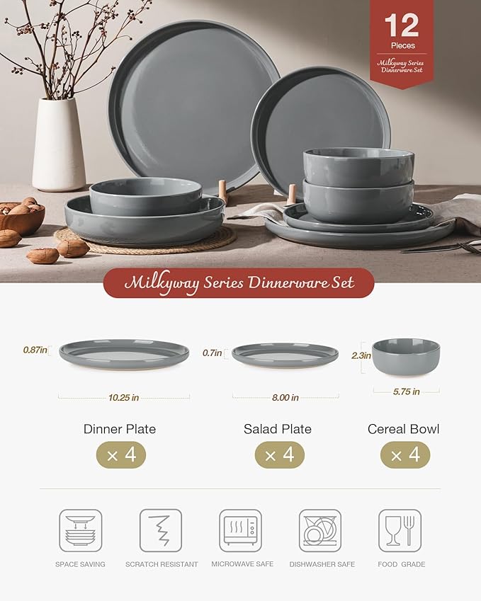Famiware Milkyway Plates and Bowls Set 12 Pieces Dinnerware Sets Dishes Set for 4 Dark Gray