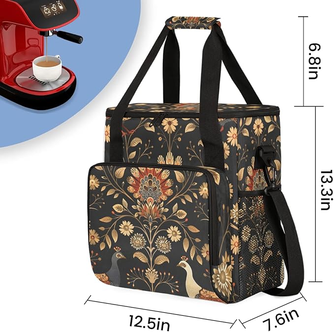 Peacock Floral Coffee Maker Travel Bag for Keurig K-Mini/K-Mini Plus Insulated Waterproof Tote with Pockets for K-Cup Portable Single-Serve Brewer Case