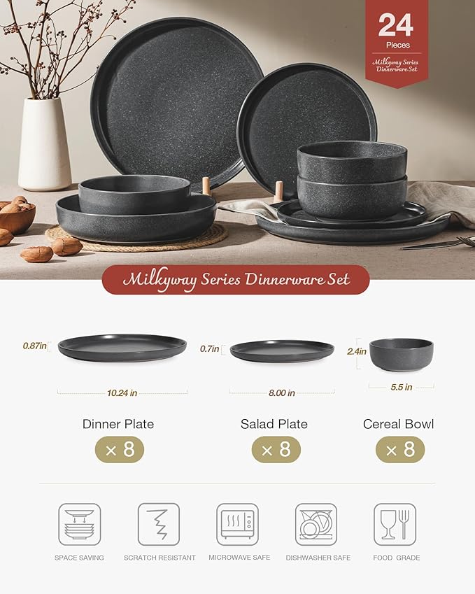 Famiware Milkyway Plates and Bowls Sets 24 Pieces Dinnerware Sets Reactive Glaze Dish Set Stoneware Dishes Set for 8 Matte Dark Charcoal