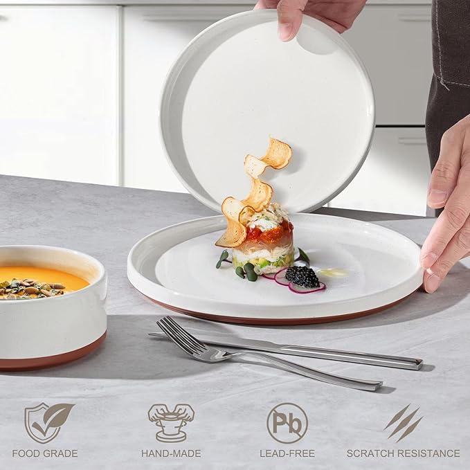 LIANYU Stoneware Dinnerware Sets Service for 6 18 PCS Plates and Bowls Sets Handmade Ceramic Dish Set Highly Chip and Crack Resistant Modern Plate Set Cloud White